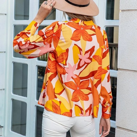 Fall Vibes Colorful floral Long Bishop Sleeve Blouse Top Orange - Picture 5 of 5